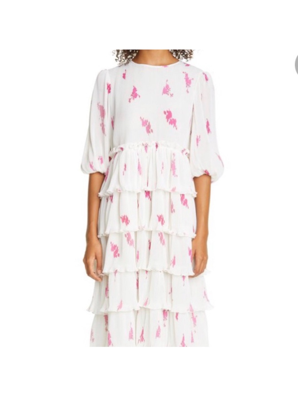 Ganni White Tiered Midi Dress with Pink Floral Print